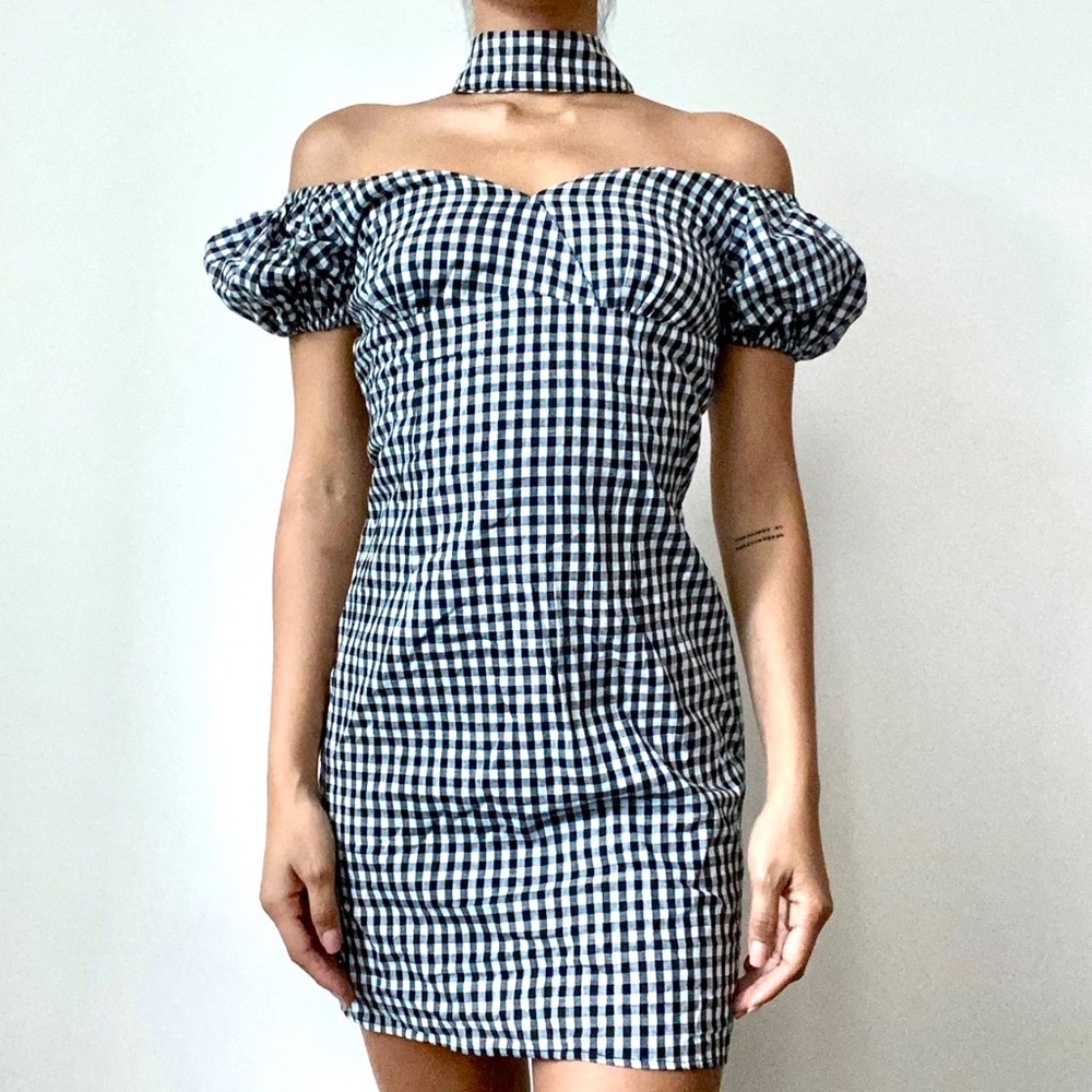 Lioness gingham puff sleeve mini choker dress, size M